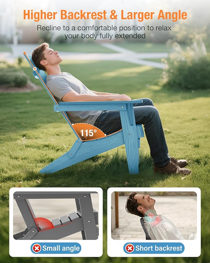 YEFU Adirondack Chairs Oversize Folding :400lb Weight Capacity - Plastic Adirondack Chairs - High Back Modern Like Wooden - All-Weather Use for Outdoor/Patio/Fire Pit/Garden/Camping - (Blue)