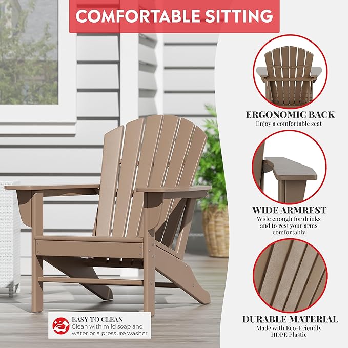 Costaelm Outdoor Adirondack Chair, HDPE Patio Chair, Weather Resistant Lawn Firepit Outside Chairs for Porch, Poolside, Garden, Backyard Deck, Weathered Wood
