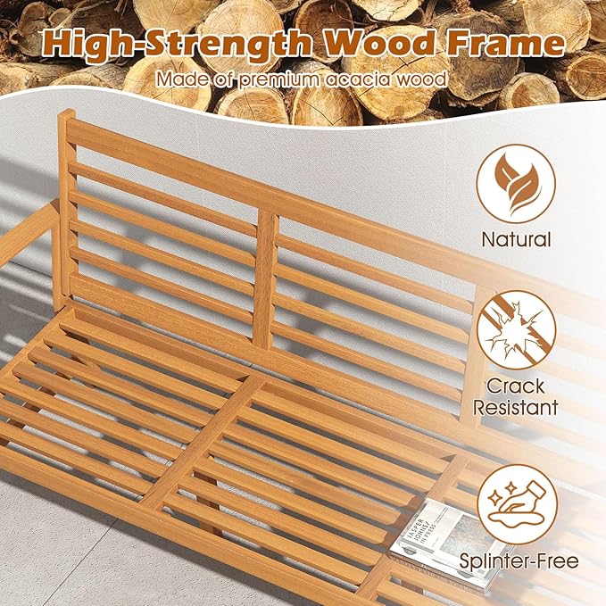 Tangkula 64 Inch Patio Acacia Wood Bench, 3-Seat Extra Long Chair with Cushion, Slatted Seat & Backrest, 3-Person Outdoor Wood Bench for Backyard, Porch, Balcony & Garden