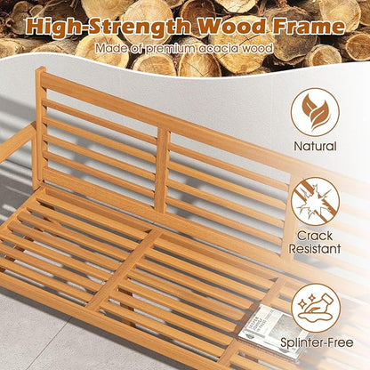 Tangkula 64 Inch Patio Acacia Wood Bench, 3-Seat Extra Long Chair with Cushion, Slatted Seat & Backrest, 3-Person Outdoor Wood Bench for Backyard, Porch, Balcony & Garden