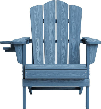 KINGYES Folding Adirondack Chair, HDPE All-Weather Patio Chairs with Cup Holder, Wooden Textured Fire Pit Chairs for Poolside, Backyard, Deck, Navy