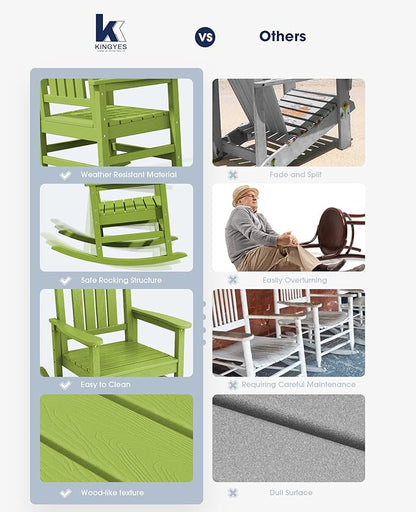 KINGYES Outdoor Rocking Chair Set of 2, HDPE Patio Rocking Chairs with 330lbs Support for Adults, Pistachio Green
