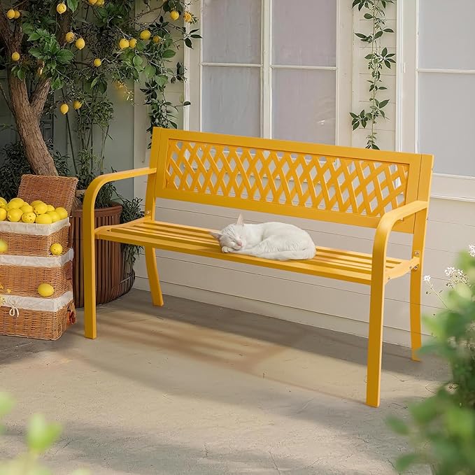 Outdoor Garden Bench, 47'' Outdoor Bench, Weather Resistant Garden Patio Bench Powder Coated Iron Frame w/PVC Mesh Backrest Slatted Seat, 2-Person Outdoor Furniture for Front Porch Entryway(Yellow)