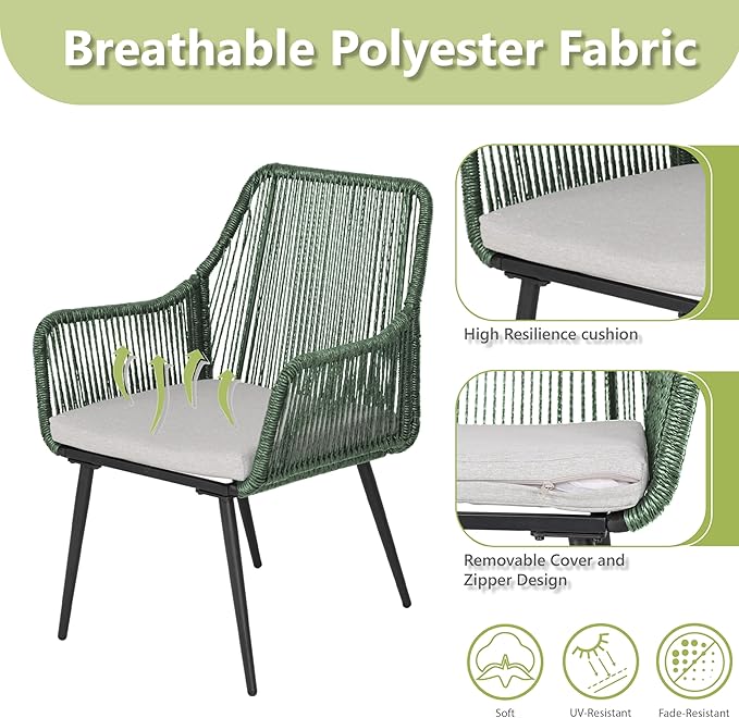 Patio Dining Chairs, Outdoor Dining Chairs with Armrest and Cushion Set of 6, Woven Twisted Wicker Rattan Chair, Modern Indoor Outdoor Seating for Garden, Lawn, Backyard, Green