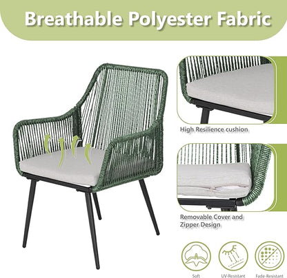 Patio Dining Chairs, Outdoor Dining Chairs with Armrest and Cushion Set of 6, Woven Twisted Wicker Rattan Chair, Modern Indoor Outdoor Seating for Garden, Lawn, Backyard, Green