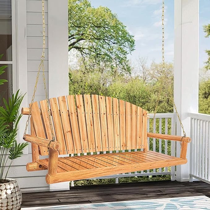 Outdoor Porch Swing Front Porch Hanging Wooden Bench Swing 3 Seat Chair for Garden, Patio, Backyard, Playground - Photo 6