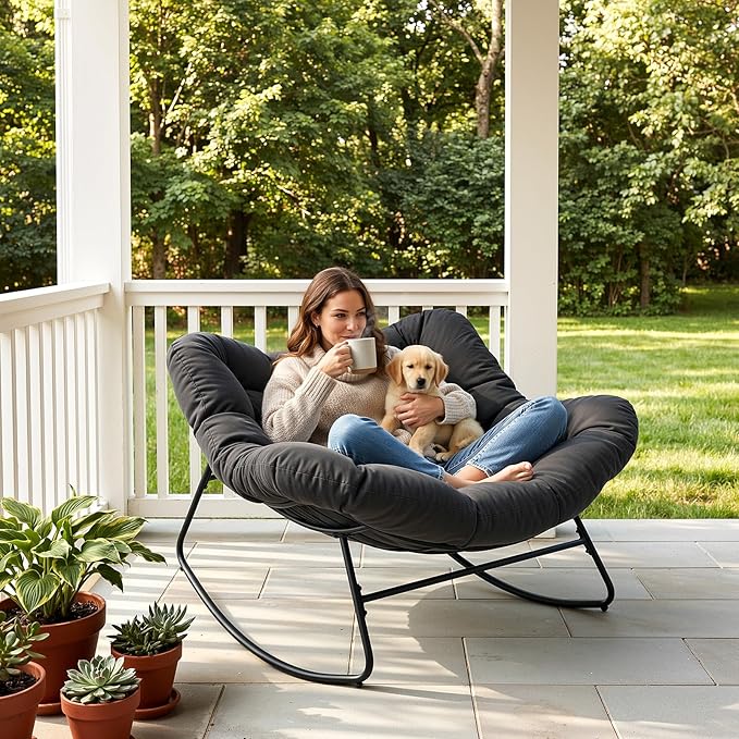 Outdoor Papasan Rocking Chair, 450 lbs Oversized Comfy Patio Chair with Thickened Cushion, Indoor Egg Rocking Lounge Chairs, Rocker Chairs for Patio Porch Garden Living Room Bedroom, Dark Gray