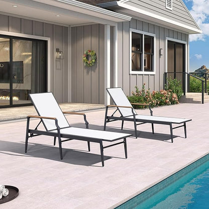 PURPLE LEAF Outdoor Chaise Lounge Chair Set of 2 Patio Pool Lounger Aluminum Chairs with Wooden Armrest Sunbathing Tanning Recliner for Outside Backyard White