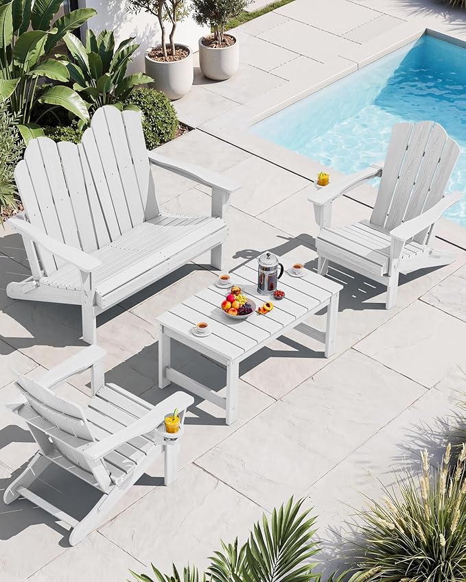 SERWALL HDPE Patio Furniture Set, 2 Adirondack Chair with Cup Holder & 1 Adirondack Bench & 1 Coffee Table with Umbrella Hole, All-Weather Outdoor Adirondack Chair Set for 4, White