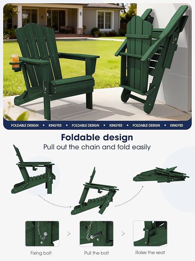 KINGYES Folding Adirondack Chair Set of 4, HDPE All-Weather Folding Adirondack Chair, Green