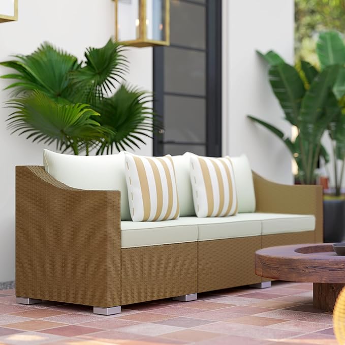 Outsunny 3 Seater Patio Sofa, Wicker Sofa with Cushions, Outdoor Furniture Rattan Couch with 2 Throw Pillows - Photo 8