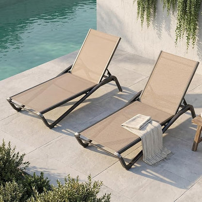 Outdoor Chaise Lounge Chair Set of 2, 5-Position Adjustable Patio Lounge Chair with Aluminum Frame, Textilene Fabric Pool Loung Chairs for Poolside, Deck, Backyard (Khaki)