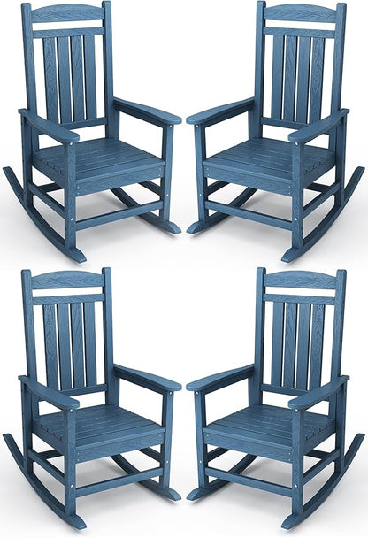 KINGYES HDPE Patio Rocking Chair Set of 4, Outdoor Rocking Chairs Porch Rocker for Adults, Navy