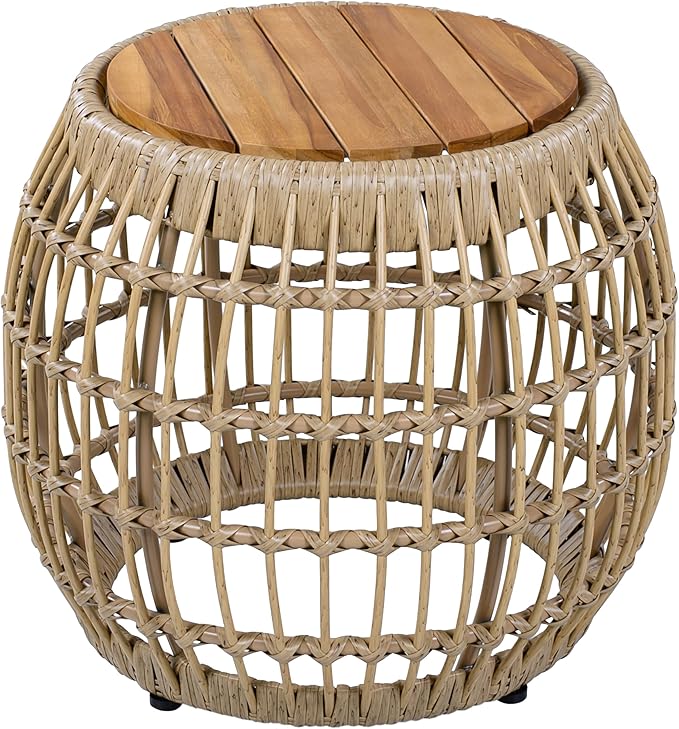 Merax Bohemian Round Outdoor Side Table with Acacia Wood Top and Wicker Base, Boho Rattan Coffee Table for Garden, Pool, Deck, Balcony, Yard, Patio, Light Brown