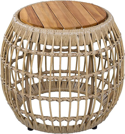 Merax Bohemian Round Outdoor Side Table with Acacia Wood Top and Wicker Base, Boho Rattan Coffee Table for Garden, Pool, Deck, Balcony, Yard, Patio, Light Brown