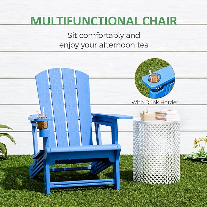 Adirondack Chair, Plastic Outdoor Patio Adirondack with Cup Holder, 400 LBS Capacity Recliner Chair Garden for Backyard Lawn Beach Sky Blue