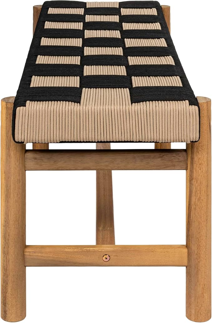 Eyely HNB202A Denis 48" 2-Seat Backless 700-Lbs Support Acacia Wood Outdoor Bench with Checkerboard Woven Rope Seat for Patio, Garden, Lawn, Backyard, Pool, Deck, Beach, Black/Beige