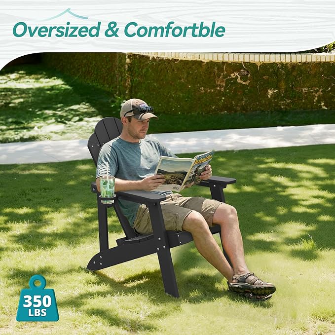 HDPE Adirondack Chairs Set of 2, Weather Resistant Outdoor Seating with Hidden Cup Holder for Porch, Patio, Deck & Fire Pit, Black