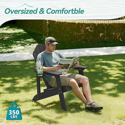 HDPE Adirondack Chairs Set of 2, Weather Resistant Outdoor Seating with Hidden Cup Holder for Porch, Patio, Deck & Fire Pit, Black