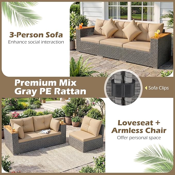 Tangkula 86.5" Large 3-Seat Patio Wicker Sofa, 3 Pieces PE Rattan Sectional Furniture Set with Cup Holder & Wood Armrest, Outdoor Couch Set with Armless & 2 Corner Sofas for Garden, Yard, Porch, Brown