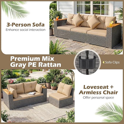Tangkula 86.5" Large 3-Seat Patio Wicker Sofa, 3 Pieces PE Rattan Sectional Furniture Set with Cup Holder & Wood Armrest, Outdoor Couch Set with Armless & 2 Corner Sofas for Garden, Yard, Porch, Brown