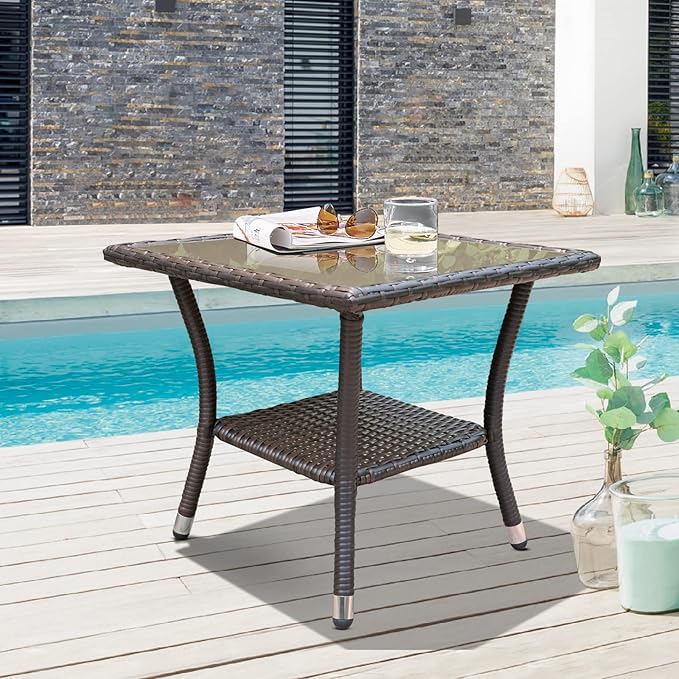 Patiorama Outdoor Wicker Patio Side Table, Weather Resistant Rattan Coffee Table, Square End Table, Aluminum Frame, Espresso Brown