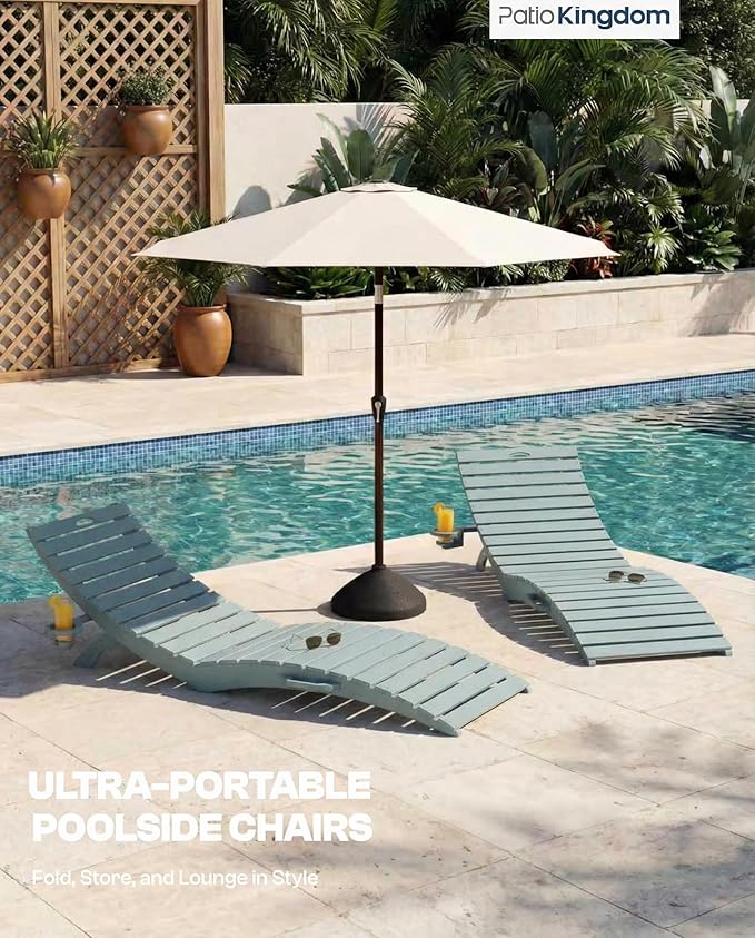 in-Pool Lounge Chairs Set of 2, Folding HDPE Pool Chairs Anti-Floating No Sandbags with Cup Holder & Handles, Outdoor Chaise Lounge for Poolside, Patio & Sun Deck(Light Blue)