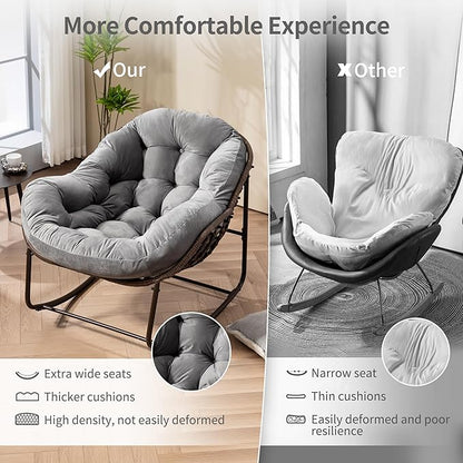 HOMEFUN Outdoor Patio Rocking Chairs, Oversized Papasan Rock Chair Indoor with Velvet Padded Cushion - Rocker Egg for Front Porch, Garden, Backyard Light Gray