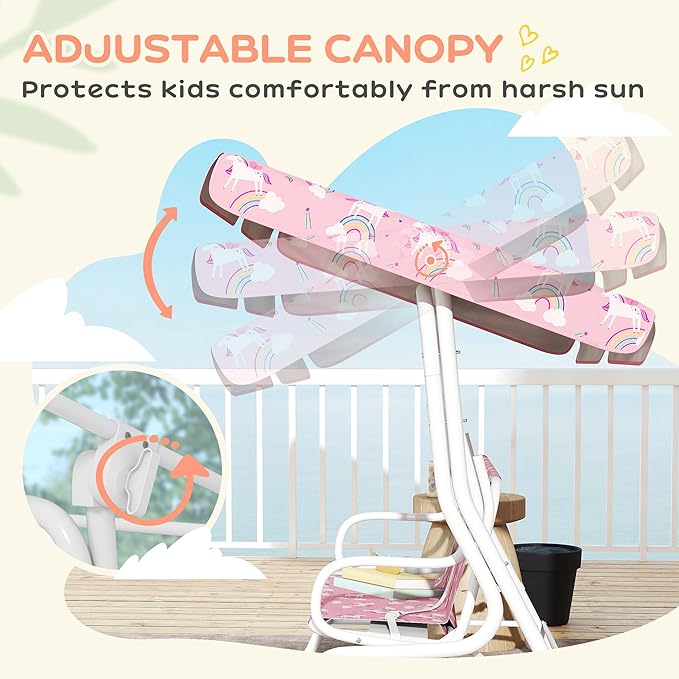 Qaba Kids Patio Swing, 2-Seater Outdoor Porch Swing Chair with Adjustable Canopy, Safety Belt, Unicorn & Rainbow Pattern Hanging Swing Bench for Garden, Backyard, Pink