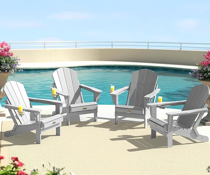 SERWALL Folding Adirondack Chair Set of 4, Weather Resistant HIPS Patio Chairs with Cup Holder for Garden Outdoors Fire Pit- Spanish Gray