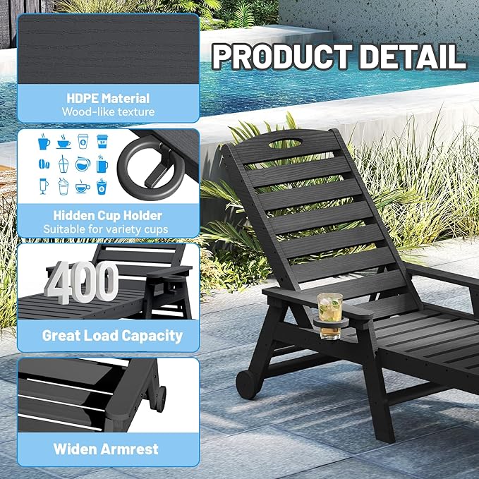 Outdoor Lounge Chairs, 78'' Long Patio Lounge Chair HDPE 5-Position Adjustable with Cup Holder & Rolling Wheels - Photo 6