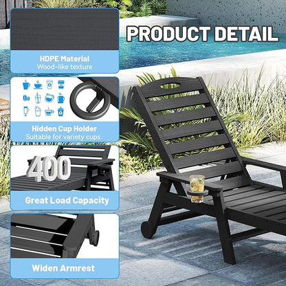 Outdoor Lounge Chairs, 78'' Long Patio Lounge Chair HDPE 5-Position Adjustable with Cup Holder & Rolling Wheels, Pool Lounge Chair for Sunbathing Tanning, Deck, Poolside -Black