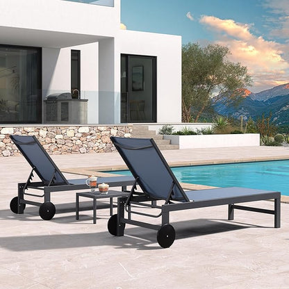 PURPLE LEAF Patio Lounge Chair Set for 2 Outdoor Chaise Lounge with Adjustable Backrests and Easy-to-Move Wheels Aluminum Reclining Pool Chair for Outside Yard Poolside Table Included, Indigo