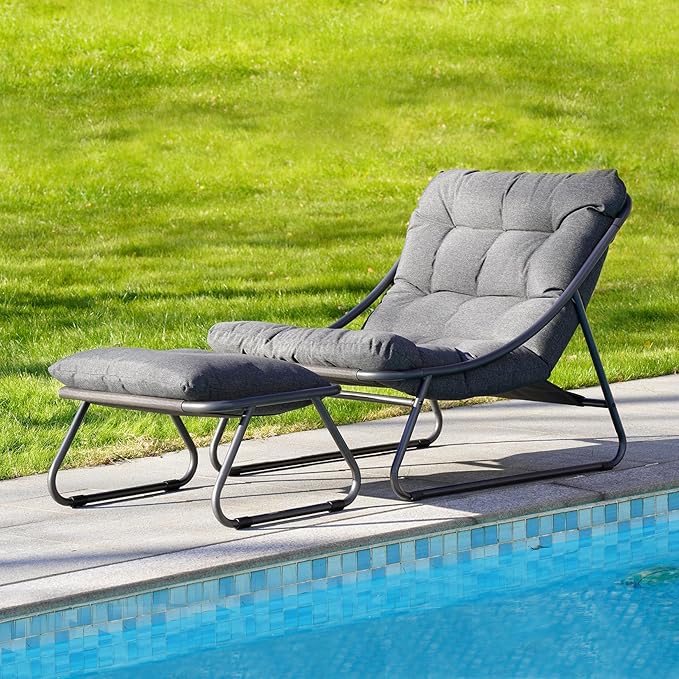 Grand patio Outdoor Lounge Chair with Ottoman, Comfy Sling Recliner Chair with Puffy Cushion and Foot Stool, Modern Patio Lounge Set for Porch Deck Garden, Dark Gray