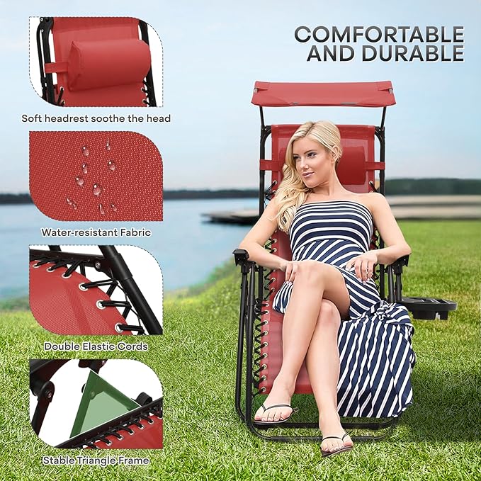 Athena Collection Folding Zero Gravity Chair with Canopy, Adjustable Lounge Chair Recliner, Outdoor Lawn Chair Camping Chairs Beach Chaise Chairs with Headrest & Cup Holder for Patio Pool, Maroon