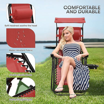 Athena Collection Folding Zero Gravity Chair with Canopy, Adjustable Lounge Chair Recliner, Outdoor Lawn Chair Camping Chairs Beach Chaise Chairs with Headrest & Cup Holder for Patio Pool, Maroon