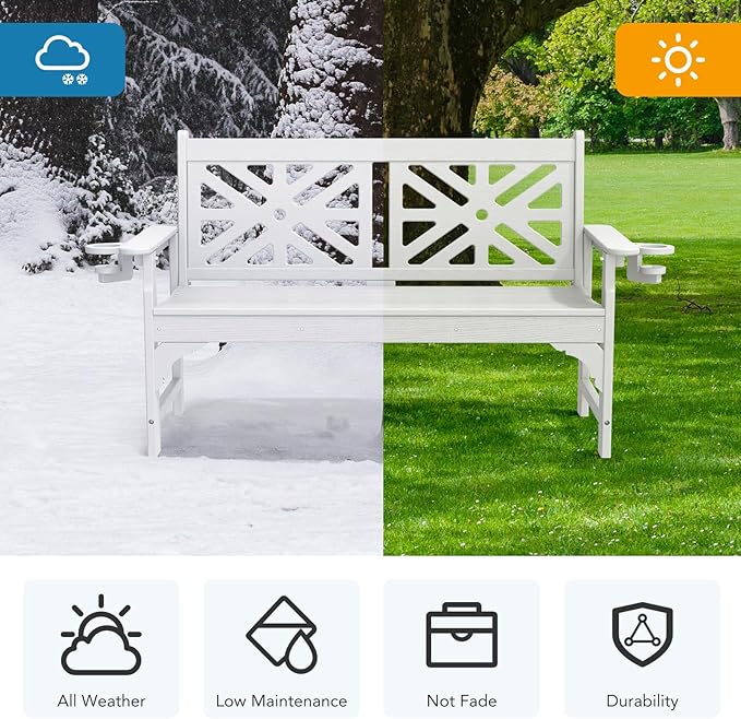 Oversized Outdoor Bench Set of 2, 51.5” HDPE Aesthetic Garden Bench with Cup Holders, Memorial Benches - Easy Assembly & All Weather, for Porch & Patio, 800lbs Load Capacity (White)