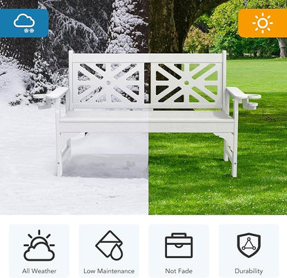 Oversized Outdoor Bench Set of 2, 51.5” HDPE Aesthetic Garden Bench with Cup Holders, Memorial Benches - Easy Assembly & All Weather, for Porch & Patio, 800lbs Load Capacity (White)