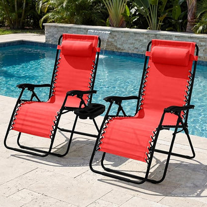 Best Choice Products Set of 2 Extra Wide Adjustable Steel Mesh Zero Gravity Lounge Chair Recliners w/Pillows and Cup Holder Trays - Crimson Red
