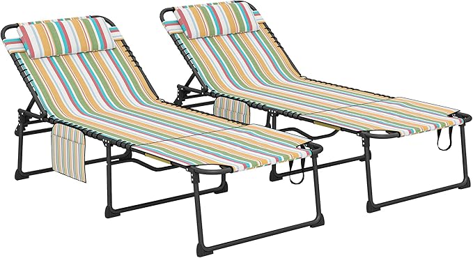 Outsunny 2 Piece Folding Chaise Lounge with 5-Level Reclining Back, Tanning Chair with Face Hole, Outdoor Lounge Chair with Side Pocket & Headrest for Beach, Yard, Patio, Rainbow Striped