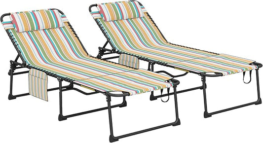 Outsunny 2 Piece Folding Chaise Lounge with 5-Level Reclining Back, Tanning Chair with Face Hole, Outdoor Lounge Chair with Side Pocket & Headrest for Beach, Yard, Patio, Rainbow Striped
