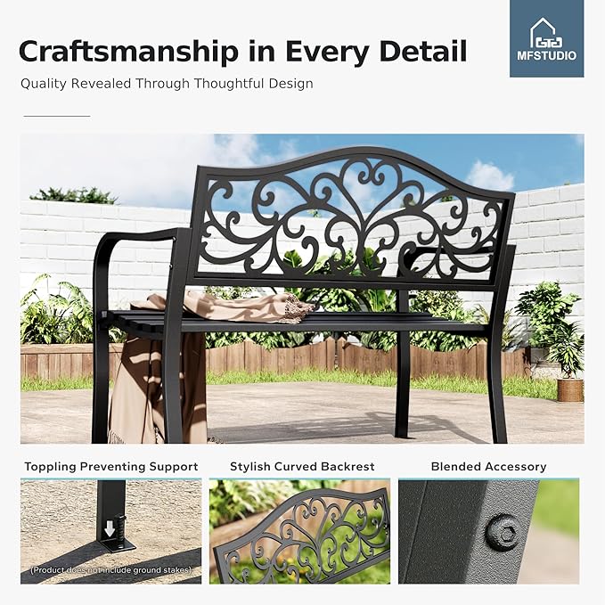 MFSTUDIO 43.7 Inches Outdoor Garden Bench, Cast Iron Metal Frame Patio Park Outside Benches with Floral Pattern Backrest for Front Porch, Black, Camelback