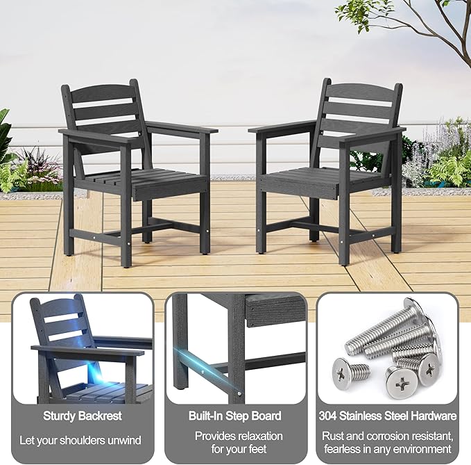 Scurrty Plastic Adirondack Chairs Set of 2, Patio Chairs with Wood Texture,Lawn Fire Pit Deck Porch Garden Chairs for Adults (Grey)