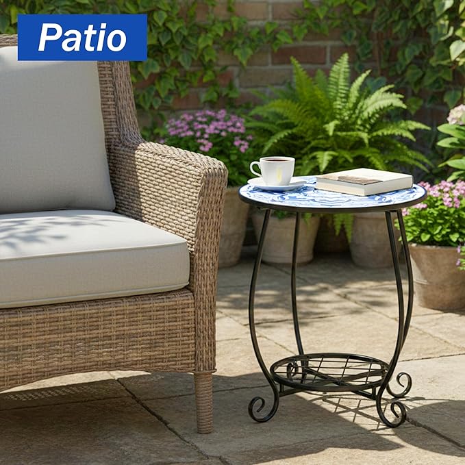 Mosaic Outdoor Side Table - Round Small Flower Patio Accent with Plant Stand, 14" Tea Coffee Metal Outside End Table for Balcony Garden Yard Patio Porch Indoor Living Room Bedroom Decor