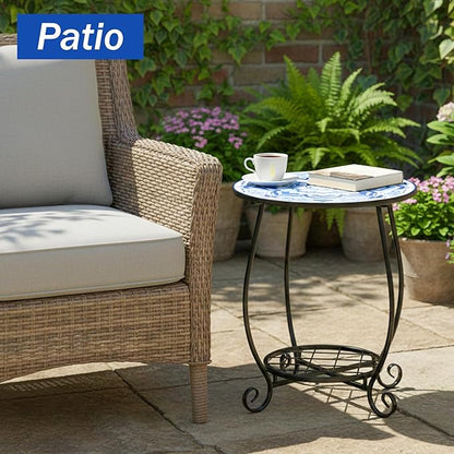 Mosaic Outdoor Side Table - Round Small Flower Patio Accent with Plant Stand, 14" Tea Coffee Metal Outside End Table for Balcony Garden Yard Patio Porch Indoor Living Room Bedroom Decor