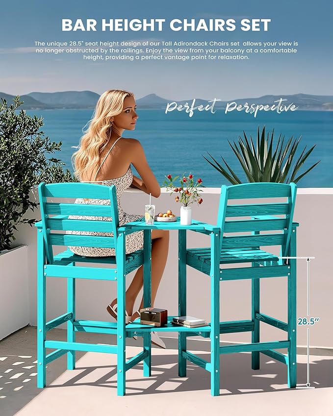 SERWALL Tall Adirondack Chairs Set of 2 with Connecting Table, All Weather Outdoor Barstools, Aruba Blue