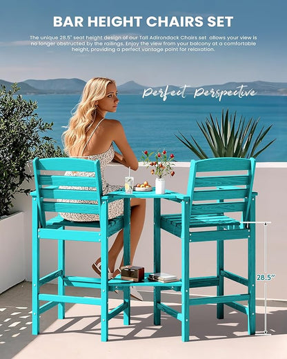 SERWALL Tall Adirondack Chairs Set of 2 with Connecting Table, All Weather Outdoor Barstools, Aruba Blue