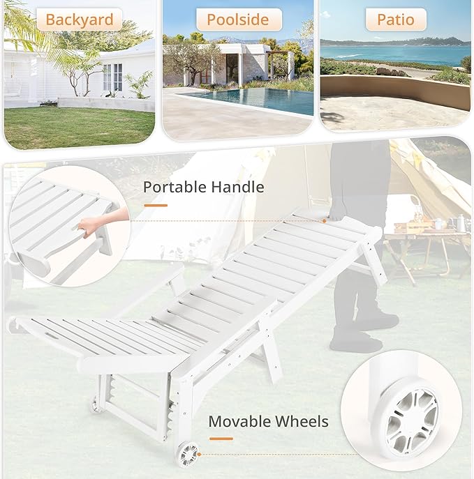 LUE BONA HDPS Chaise Lounge Chairs Set with Table, 3-Piece, Outdoor Pool Lounge Chair with Adjustable Backrest, Resin Patio Lounge Chairs with Wheels for Outside, Poolside, White