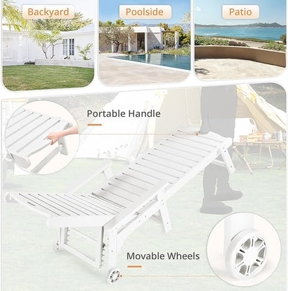 LUE BONA HDPS Chaise Lounge Chair Set of 2, Outdoor Pool Lounge Chairs with Adjustable Backrest, Resin Patio Lounge Chairs with Wheels for Outside, Poolside, White