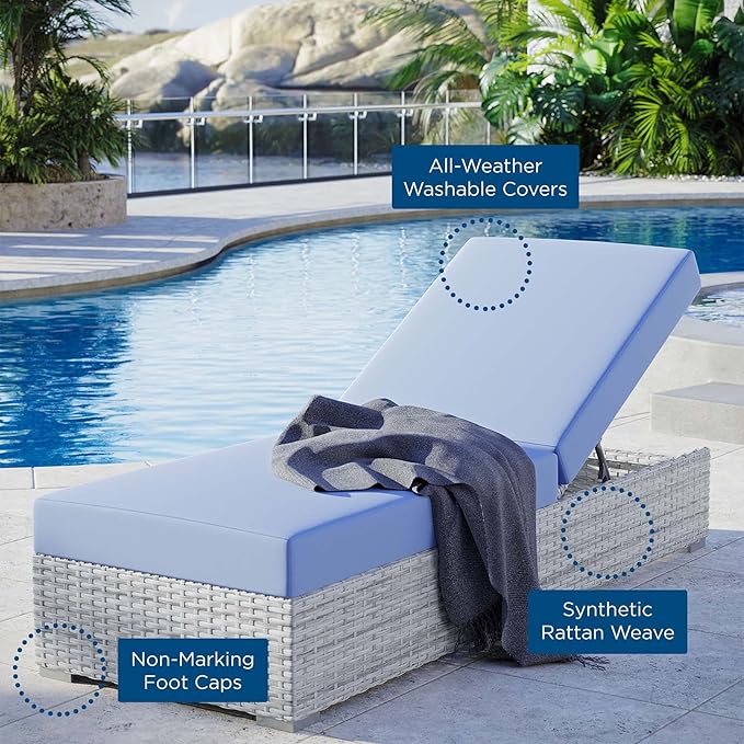 Modway Convene Wicker Rattan Outdoor Patio Chaise Lounge Chair in Light Gray Light Blue